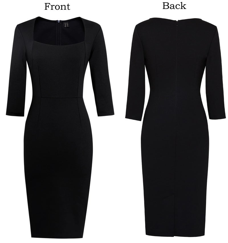 VFSHOW Womens Vintage Square Neck Work Office Business Dress Elegant Casual Cocktail Party Church Bodycon Pencil Sheath Dress (Black, X-Large) 3560 BLK XL - Image 4